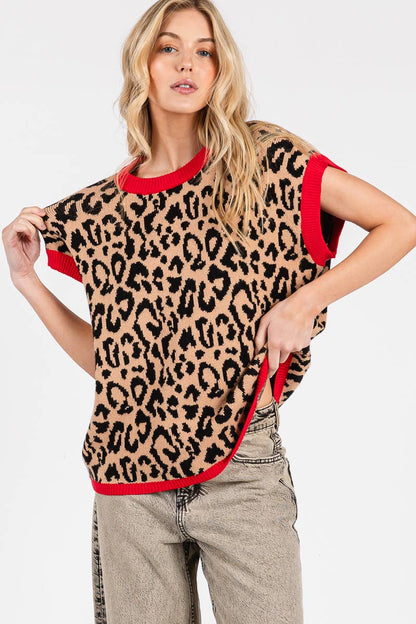 LEOPARD PRINT SLEEVELESS KNIT SWEATER VEST