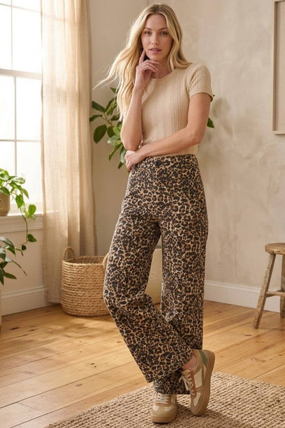 Stretch Twill Leopard Wide Leg Pants: BROWN