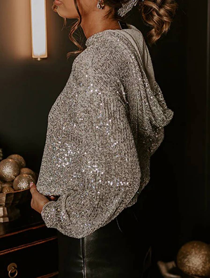 Sequin Hooded Long Sleeve Top: Beige