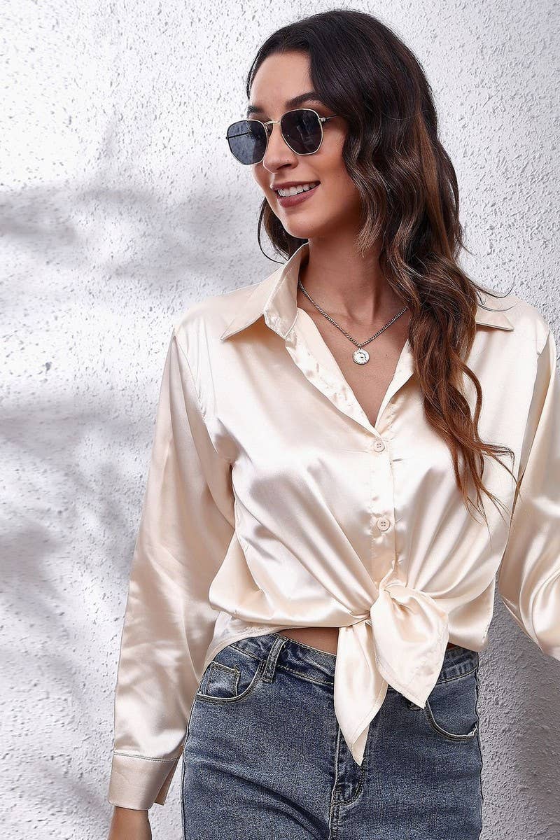Button Down Satin Long Sleeve Top: White