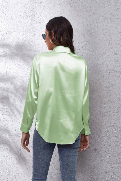 Button Down Satin Long Sleeve Top: White