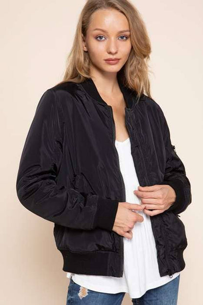 SATIN BOMBER JACKET: BLACK