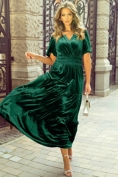 Green Velvet Shirred Waist Maxi Dress