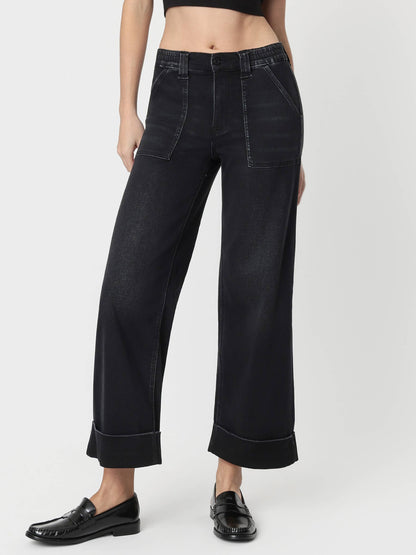 HR Elastic Waist Cuffed Wide Leg Jean-Black