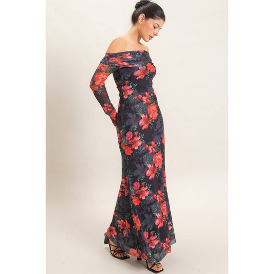 Off Shoulder Floral Mesh Dress