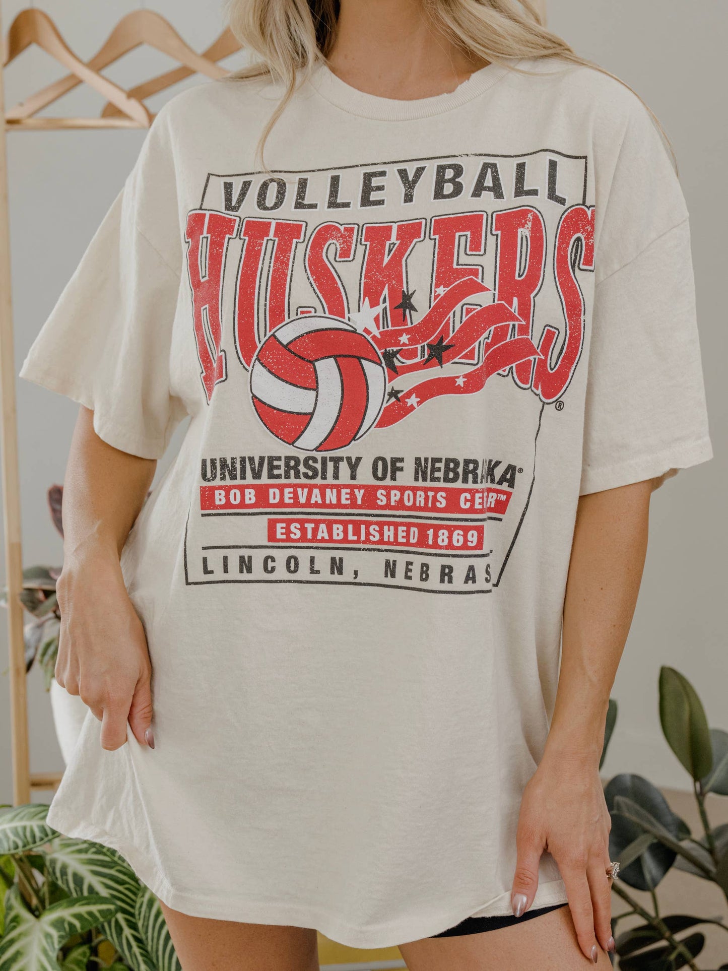 NE Huskers Volleyball Stars Off White Thrifted Tee