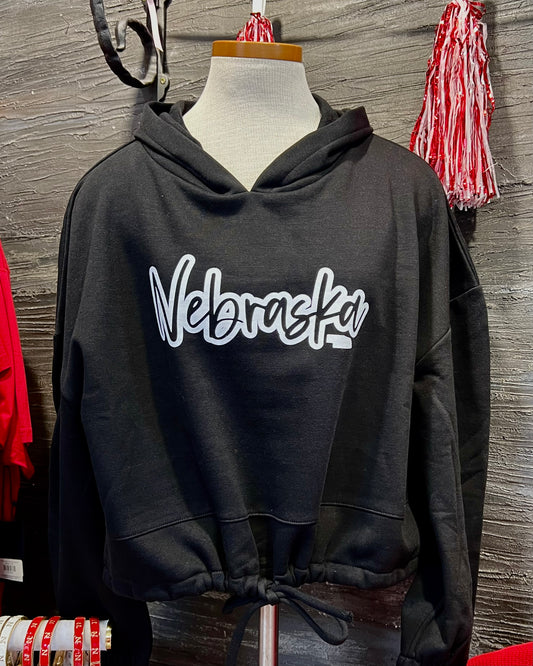 Nebraska Script Cropped Black Hoodie