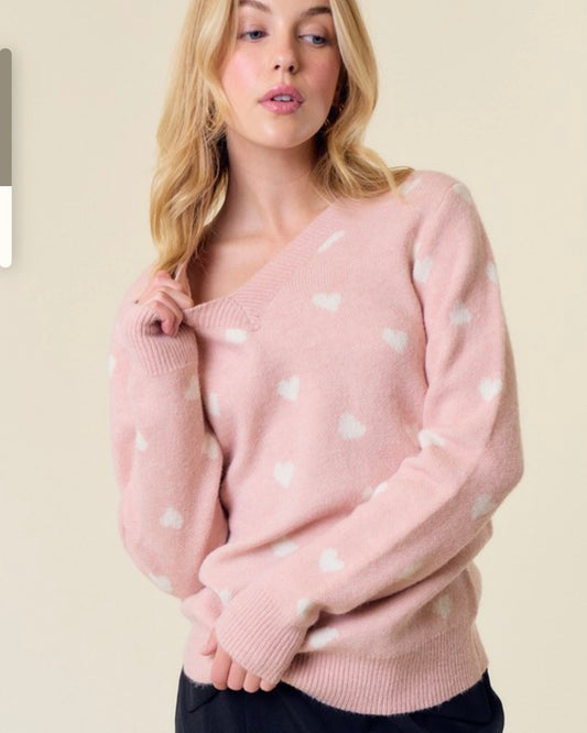 Pink V-neck Heart Sweater