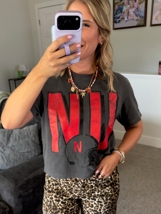 NU Football Dk Grey SS Long Cropped Tee