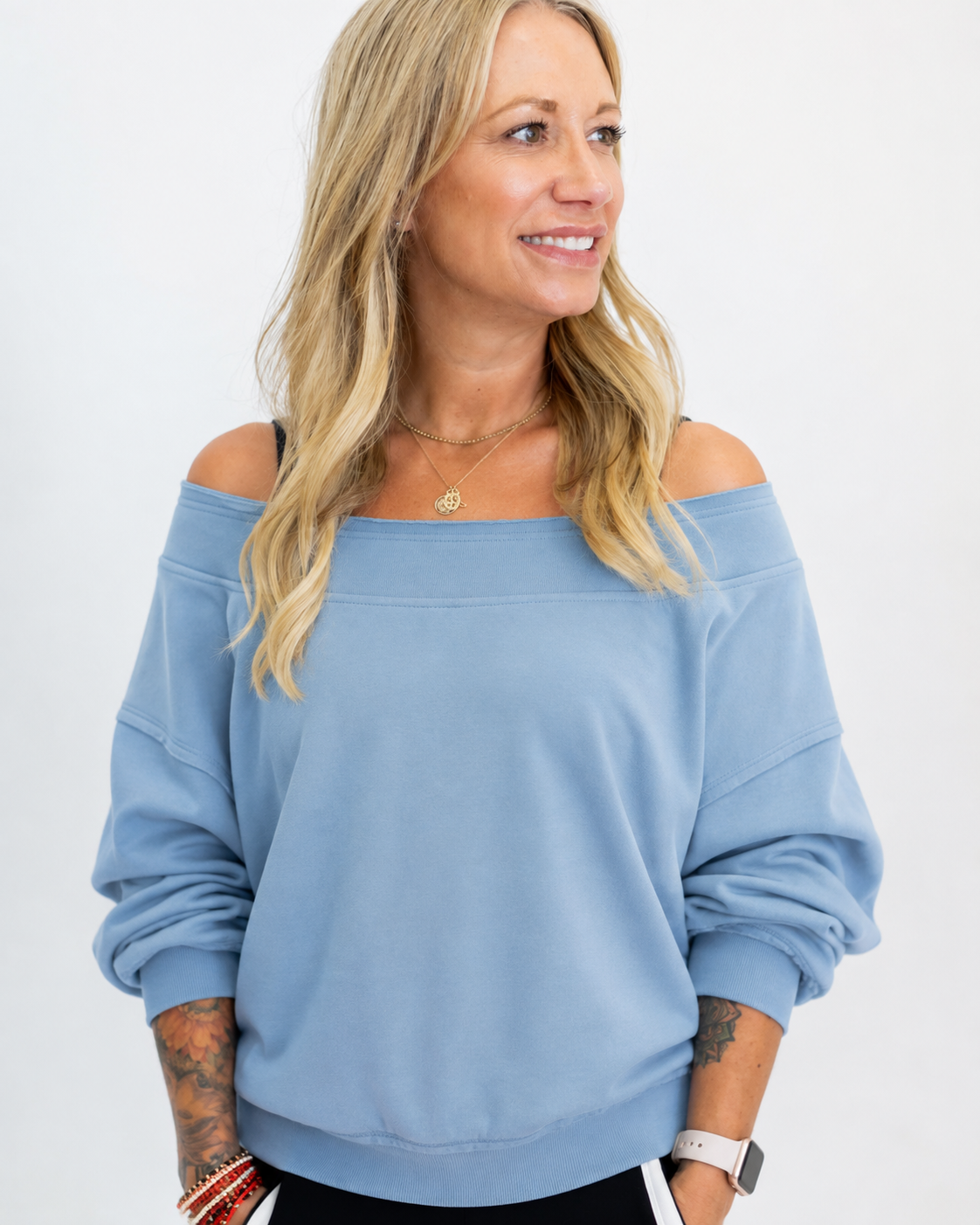 Off The Shoulder Sweatshirt: DUSTY BLUE