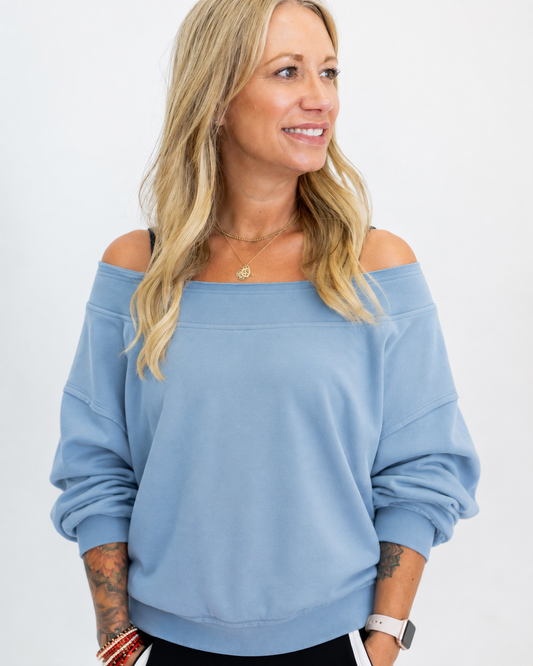 Off The Shoulder Sweatshirt: DUSTY BLUE