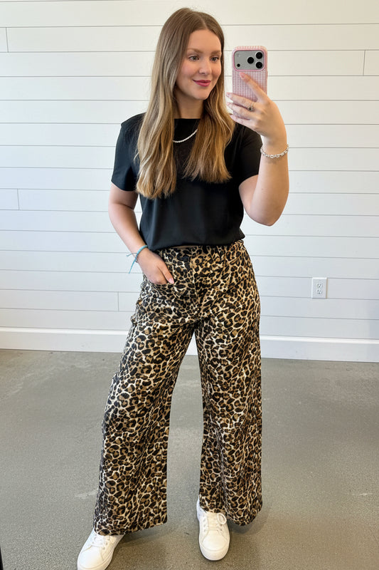 Stretch Twill Leopard Wide Leg Pants – Brown