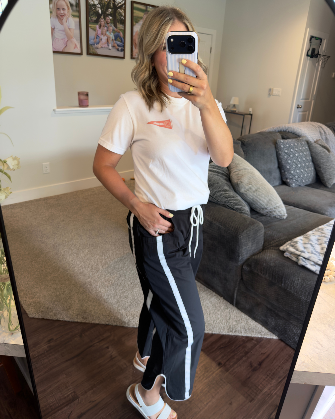 Striped Elastic Waist Drawstring Cropped Pants: Black
