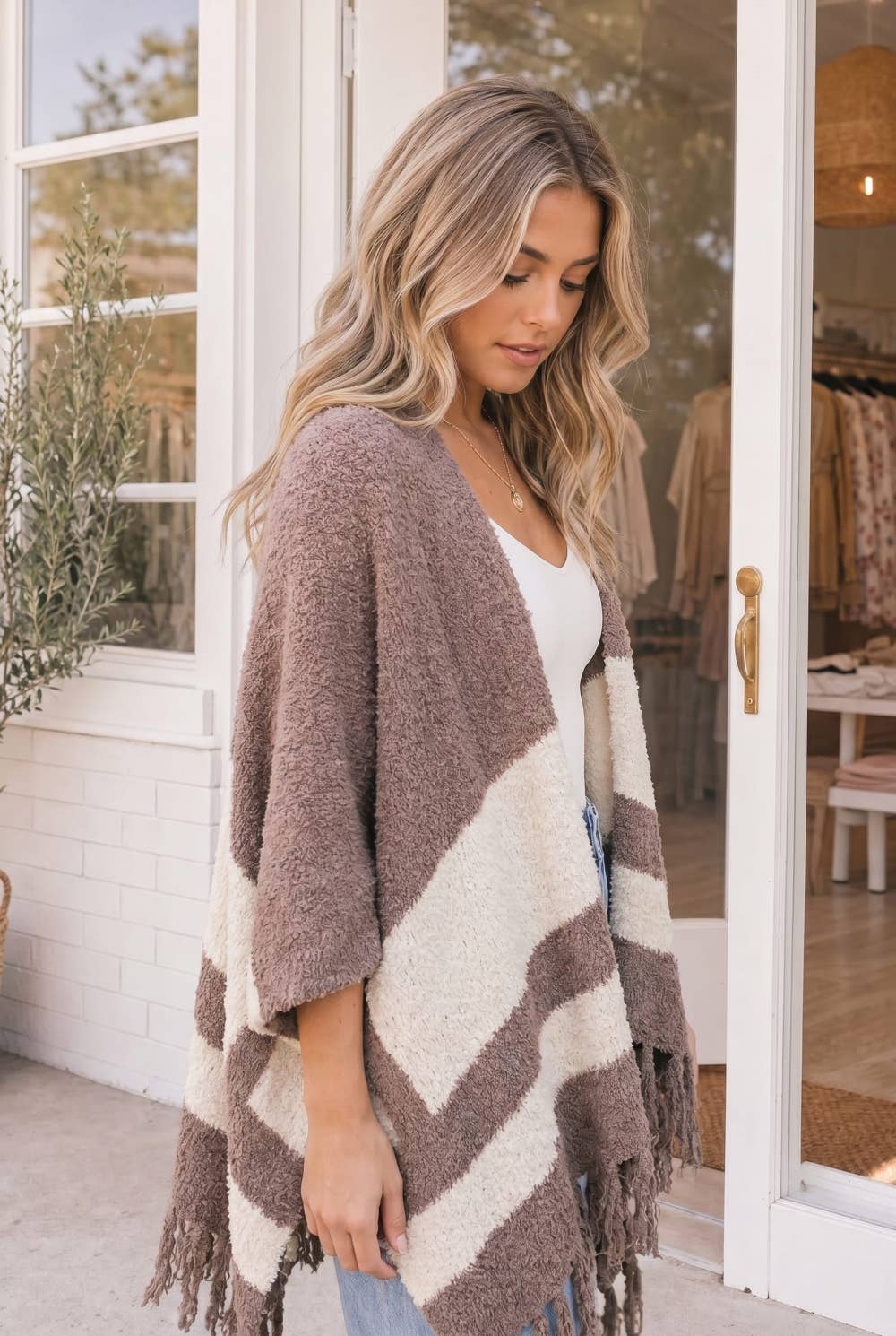 Cozy Color Block Fringe Shawl Cardigan
