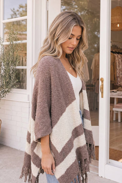 Cozy Color Block Fringe Shawl Cardigan