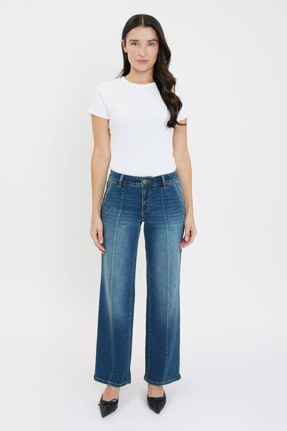 Mid Rise Front Seam Wide Leg Jeans