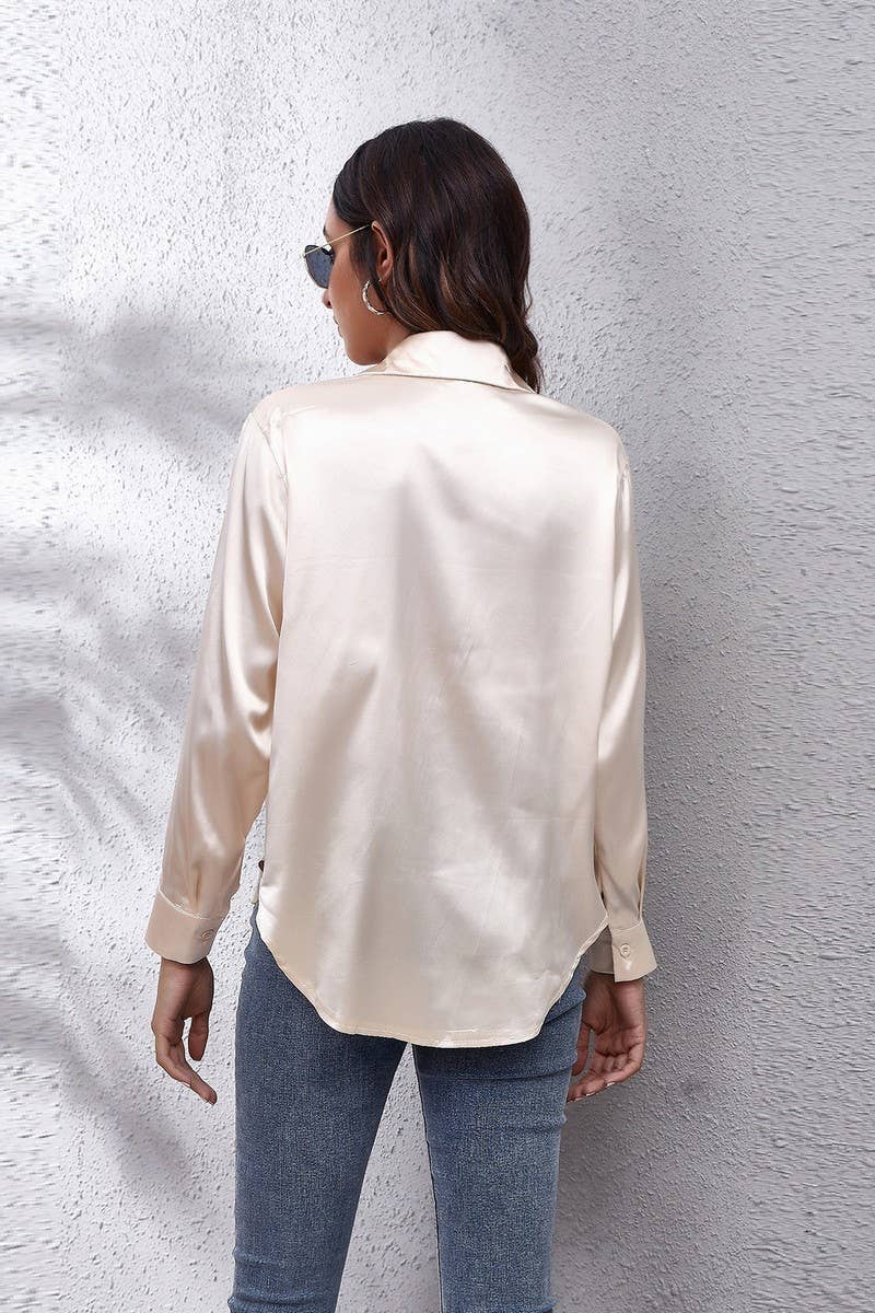 Button Down Satin Long Sleeve Top: White