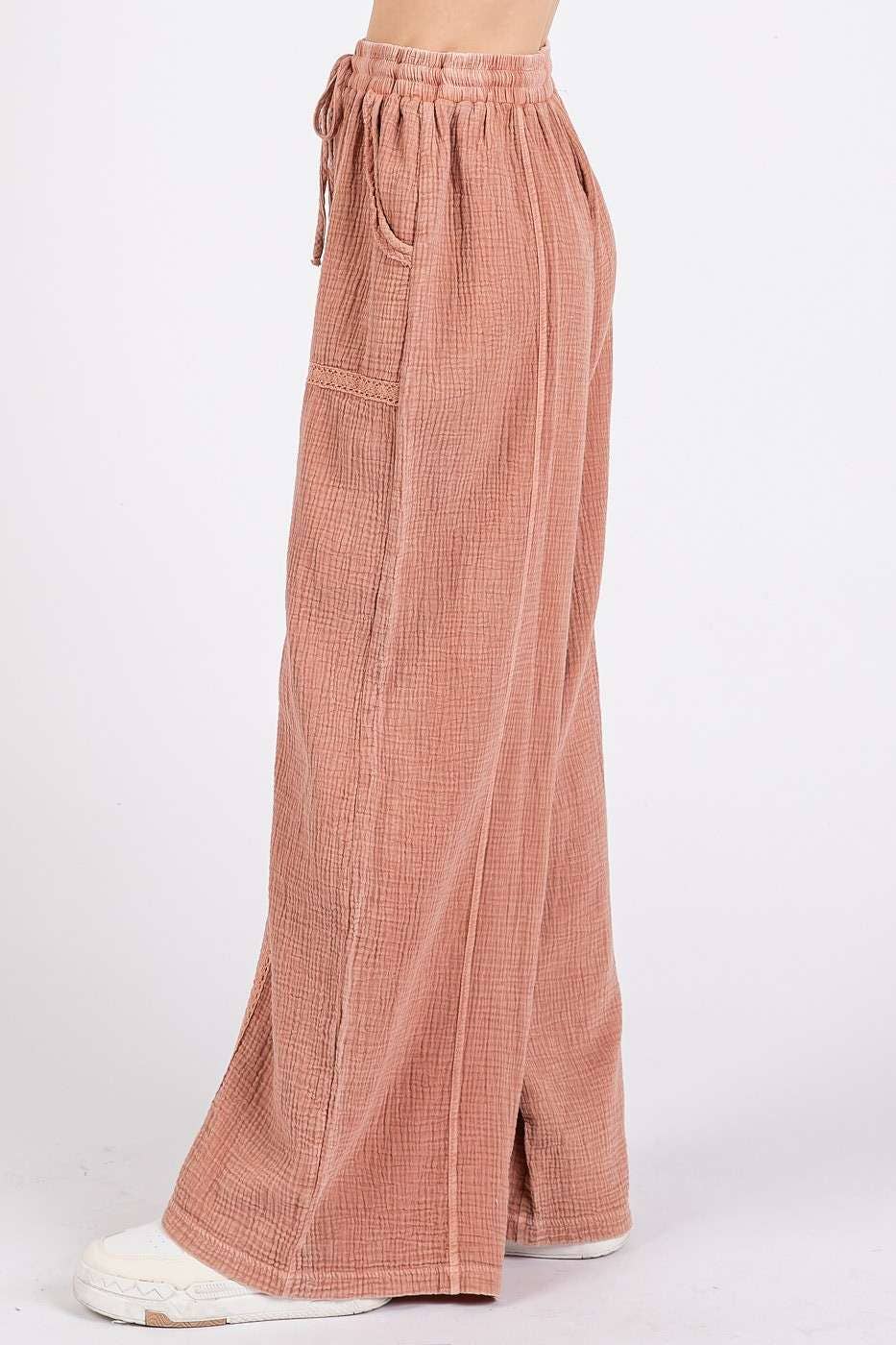 Lace Detail Elastic Waist Gauze Pants