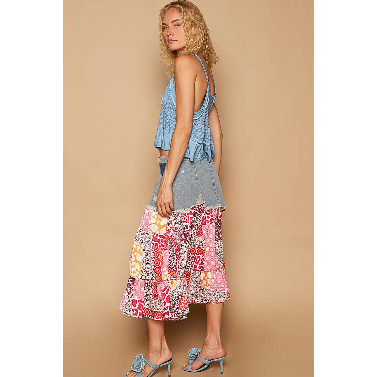 Printed Denim Floral Skirt