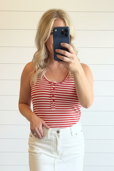 Striped Button Down Fitted Knit Tank Top: RED STRIPE