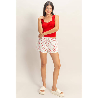 Polka Dot Drawstring Shorts: RED