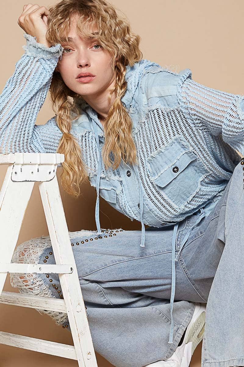 Knit Button Down Hooded Cardigan-Baby Blue