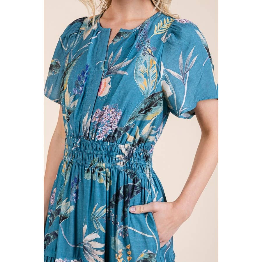 Floral Print Split Neck Tiered Maxi Dress: BLUE COMBO