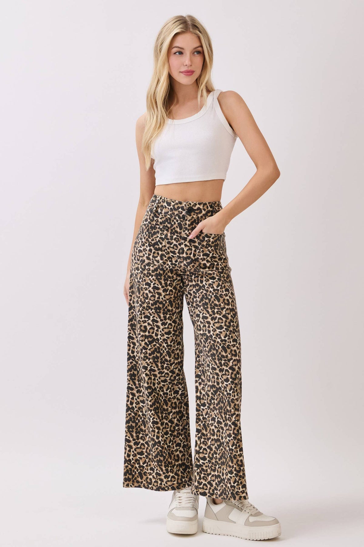 Stretch Twill Leopard Wide Leg Pants: BROWN