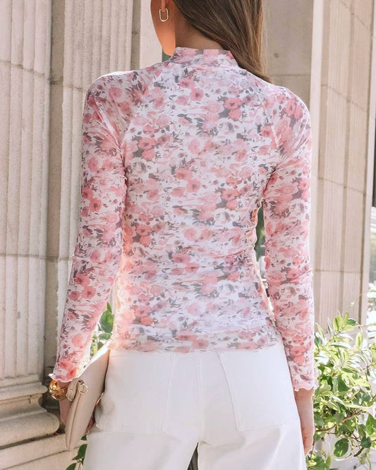 High-Neck Lace Floral Mesh Top