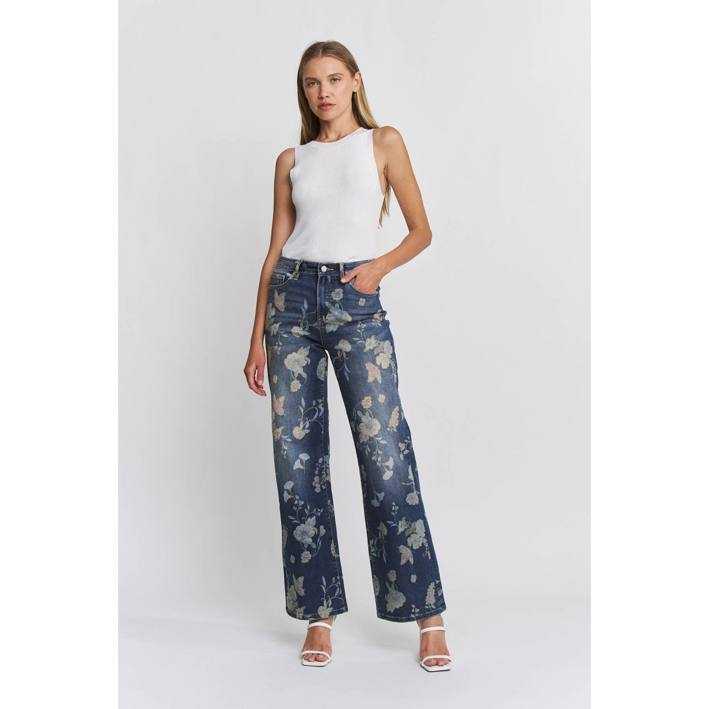 HIGH RISE WIDE LEG FLORAL DENIM