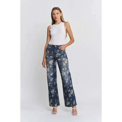 HIGH RISE WIDE LEG FLORAL DENIM