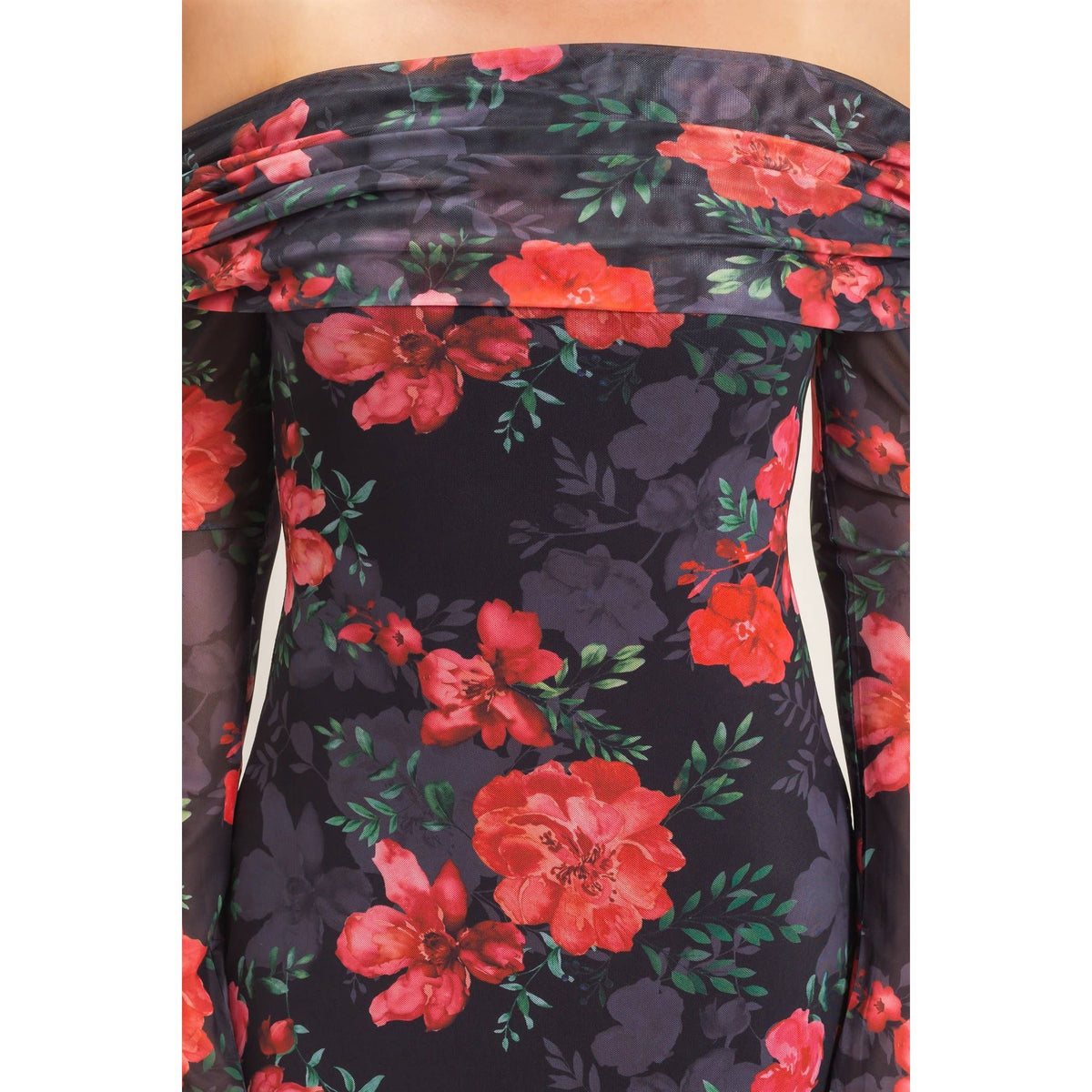 Off Shoulder Floral Mesh Dress