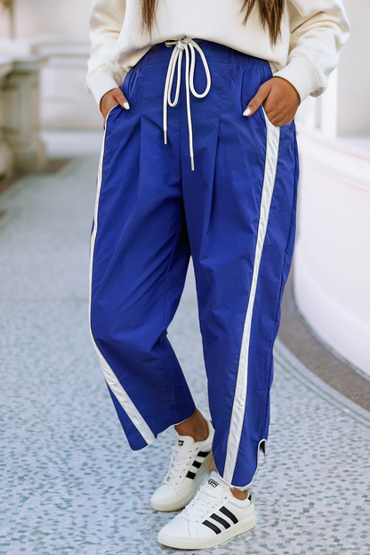 Striped Elastic Waist Cropped Drawstring Pants: Dark Blue
