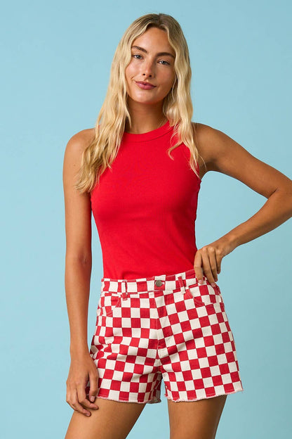 GAME DAY CHECKERED FRAYED HEM CASUAL SHORTS: RED