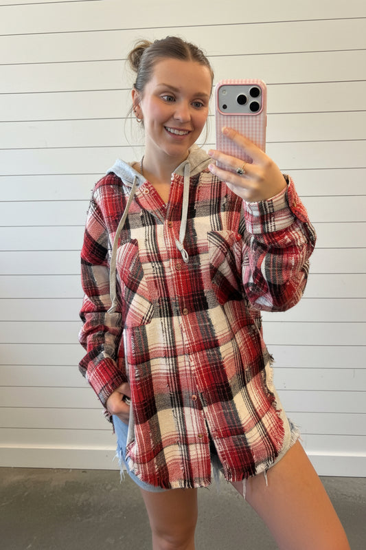 Oversized Flannel Hooded Button Down Jacket: RED MIX