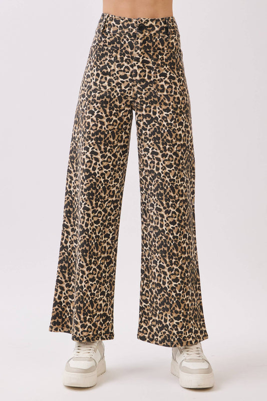 Stretch Twill Leopard Wide Leg Pants