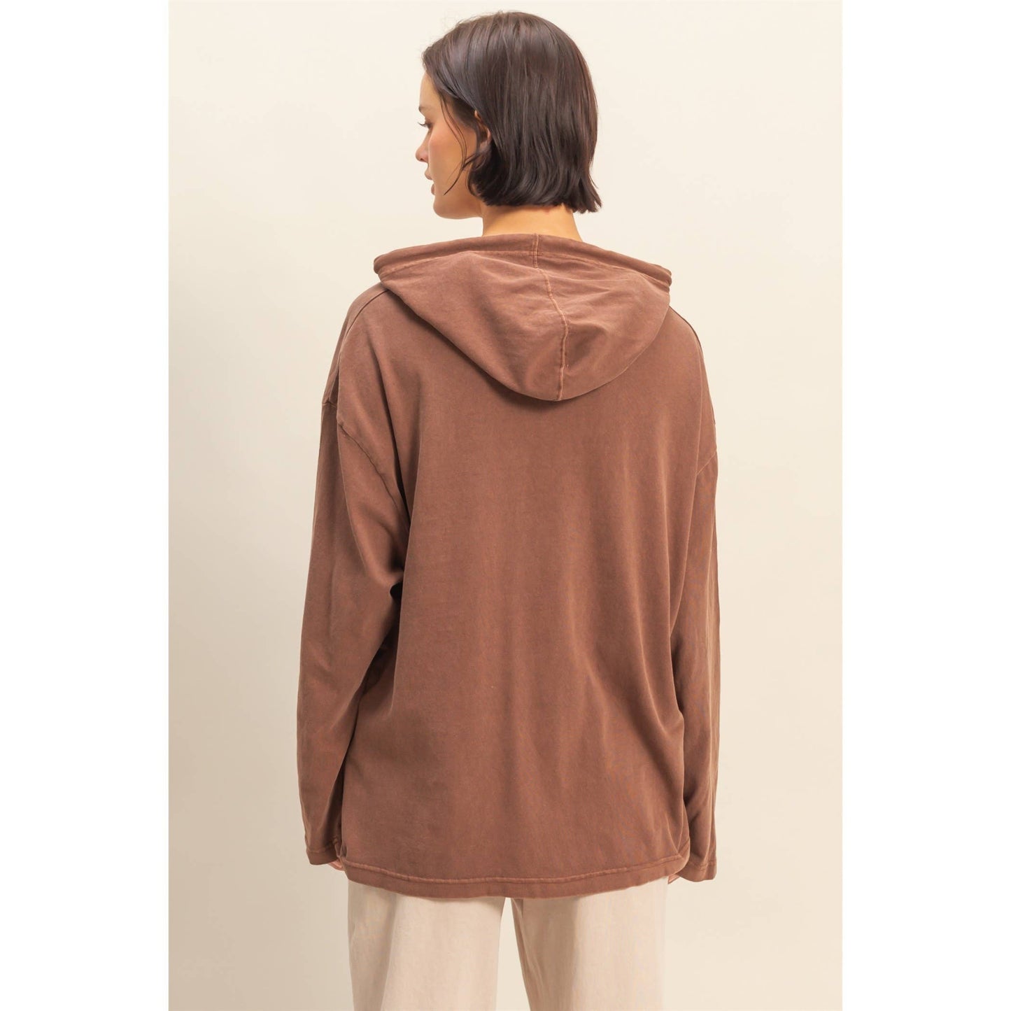 Oversized Hooded Long-Sleeve Top: CHESTNUT