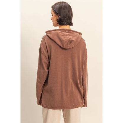 Oversized Hooded Long-Sleeve Top: CHESTNUT