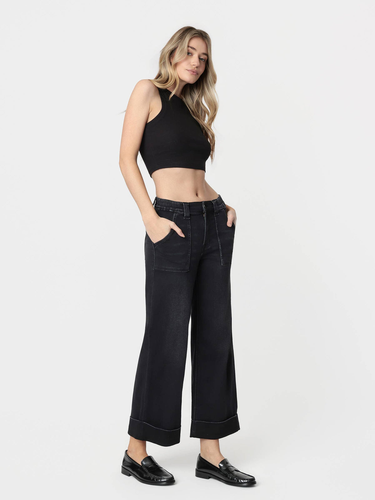 HR Elastic Waist Cuffed Wide Leg Jean-Black