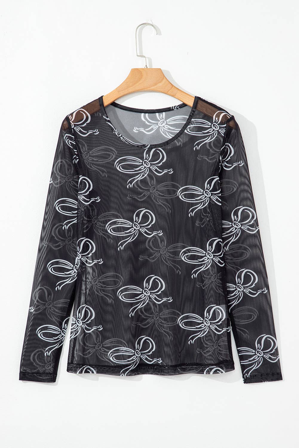 Bow Print Long Sleeve Mesh Top