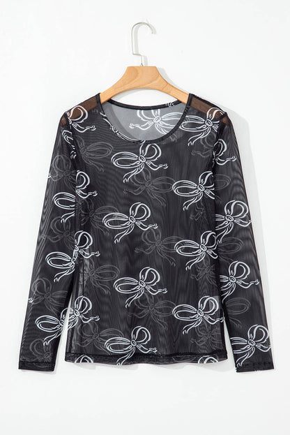 Bow Print Long Sleeve Mesh Top