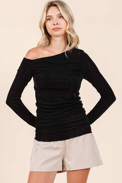 Rib Knit One Shoulder Long Sleeve Top
