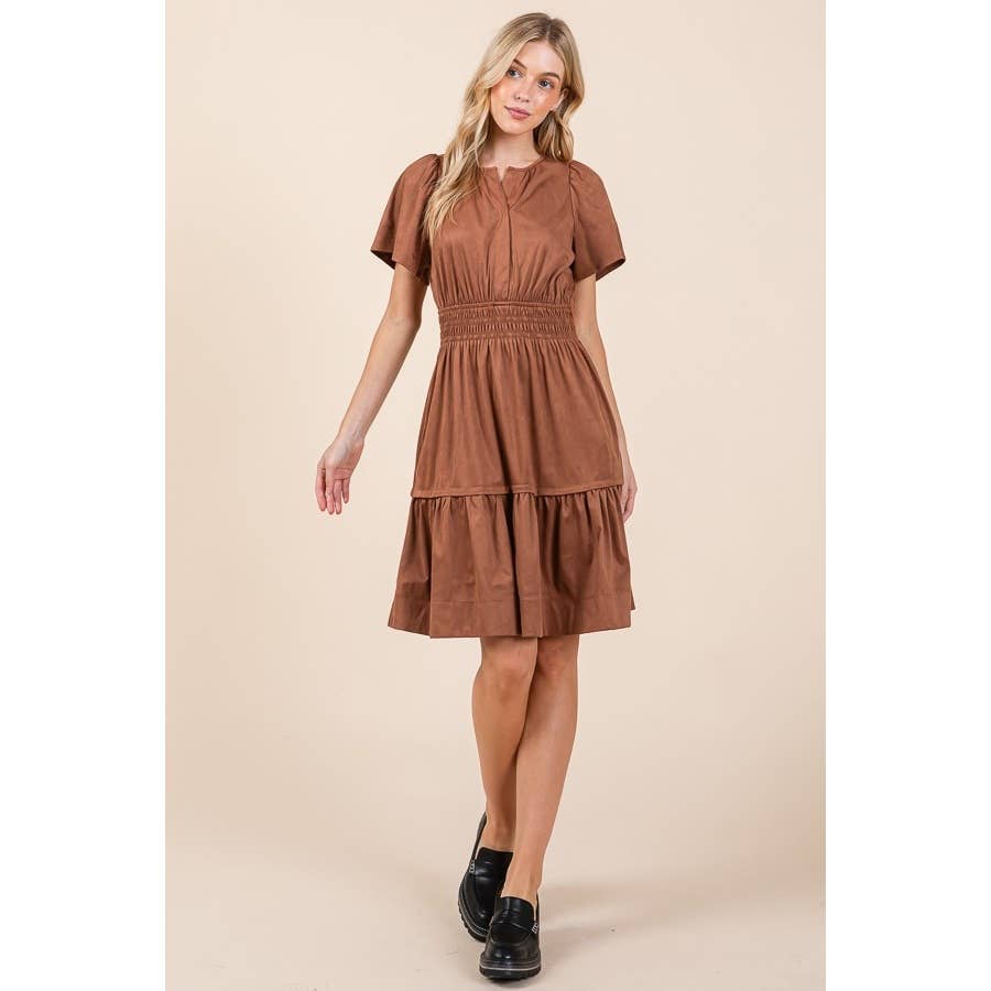 Smocked Waist Short Sleeve Dress: Mocha