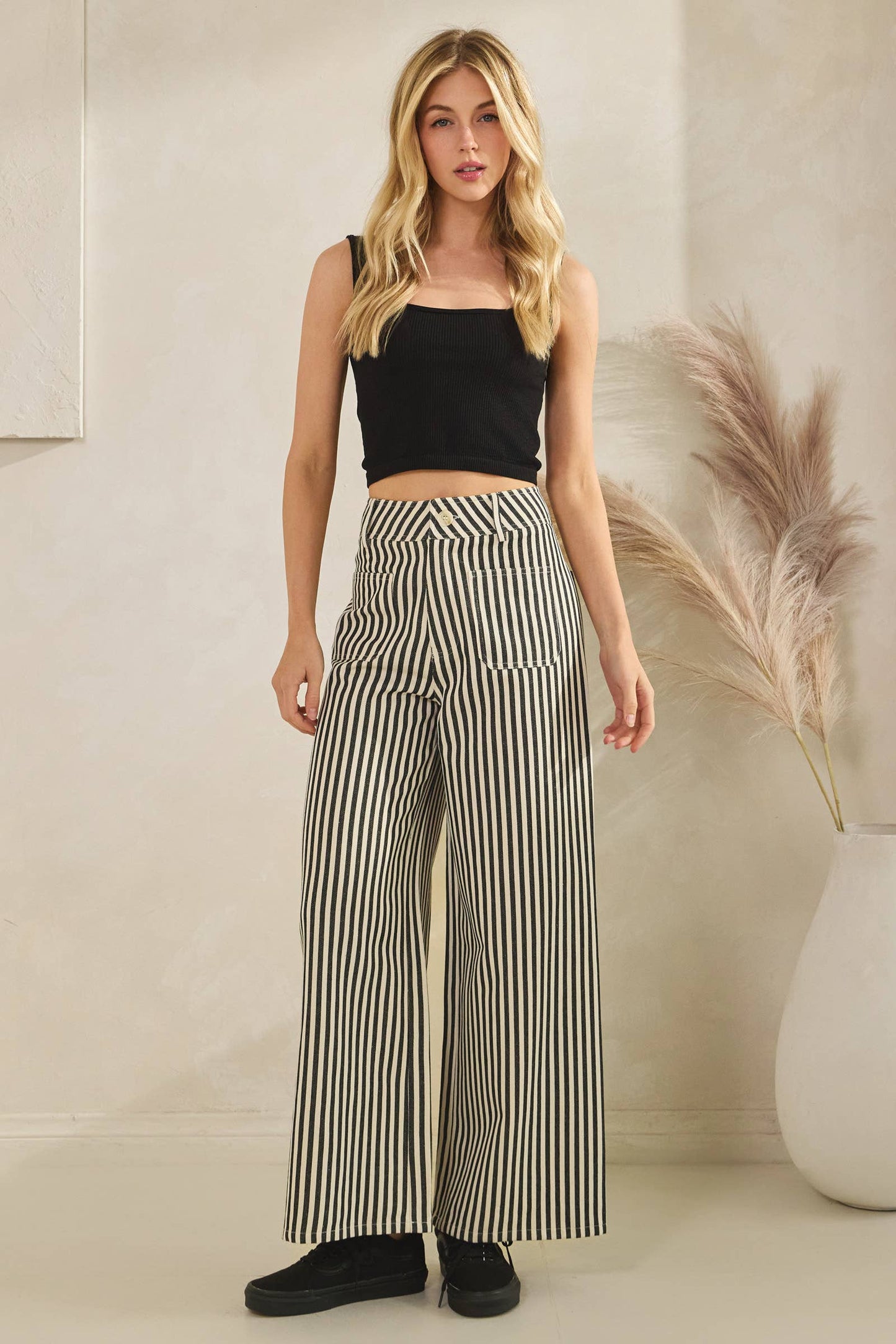 Lightweight Twill Stripe Wide Leg Pants (black)
