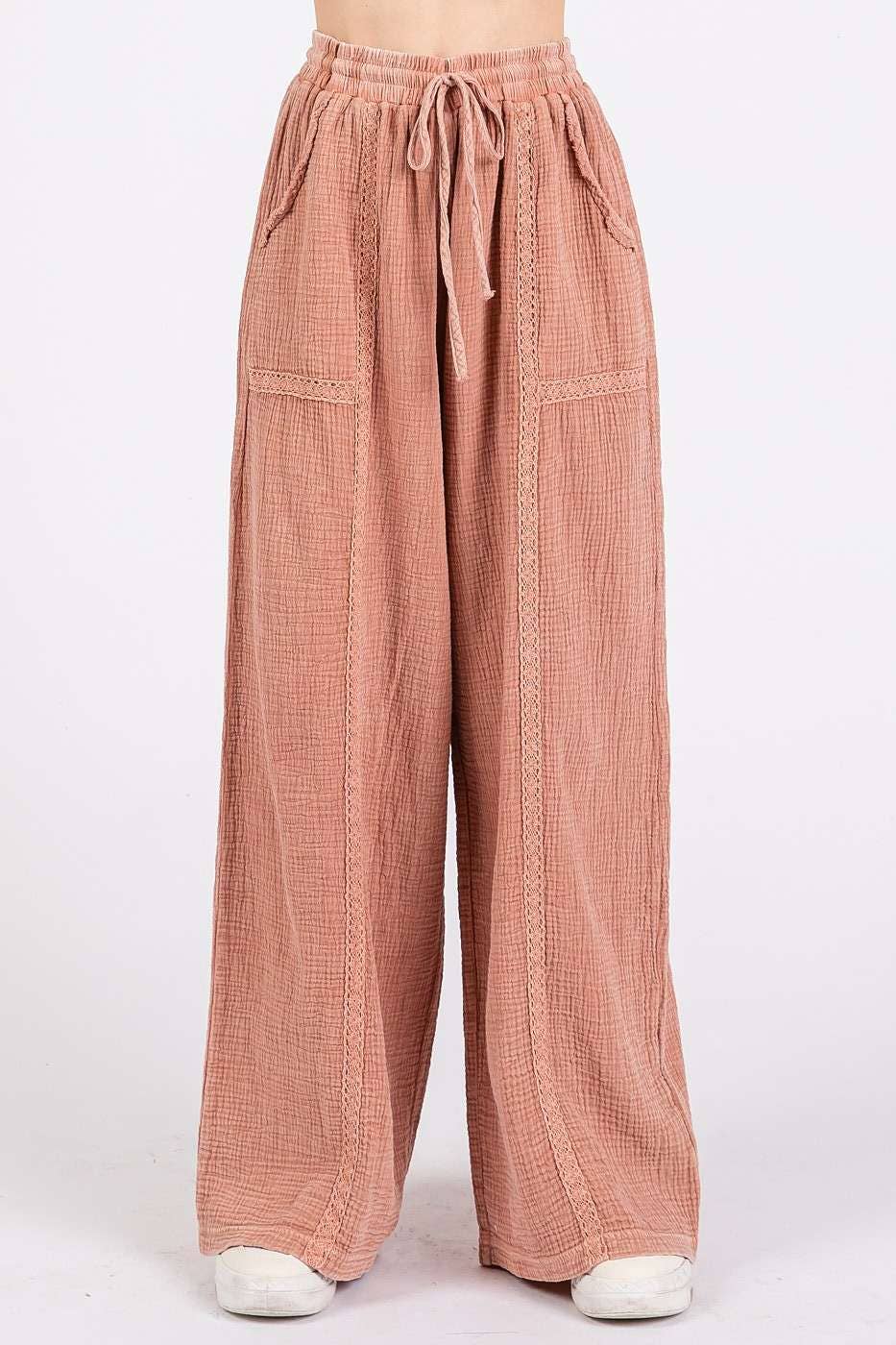 Lace Detail Elastic Waist Gauze Pants