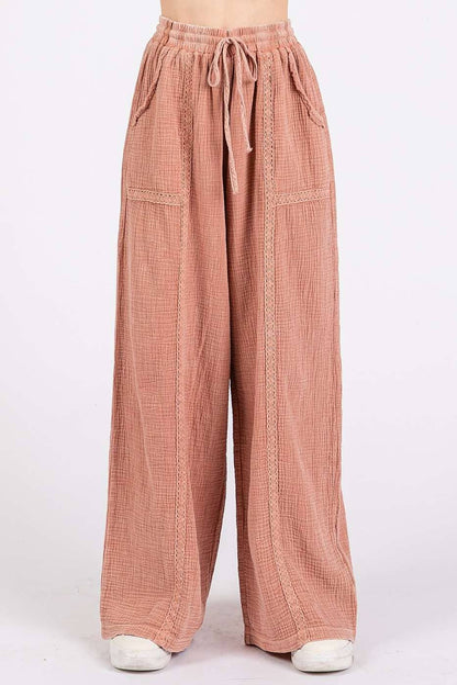 Lace Detail Elastic Waist Gauze Pants