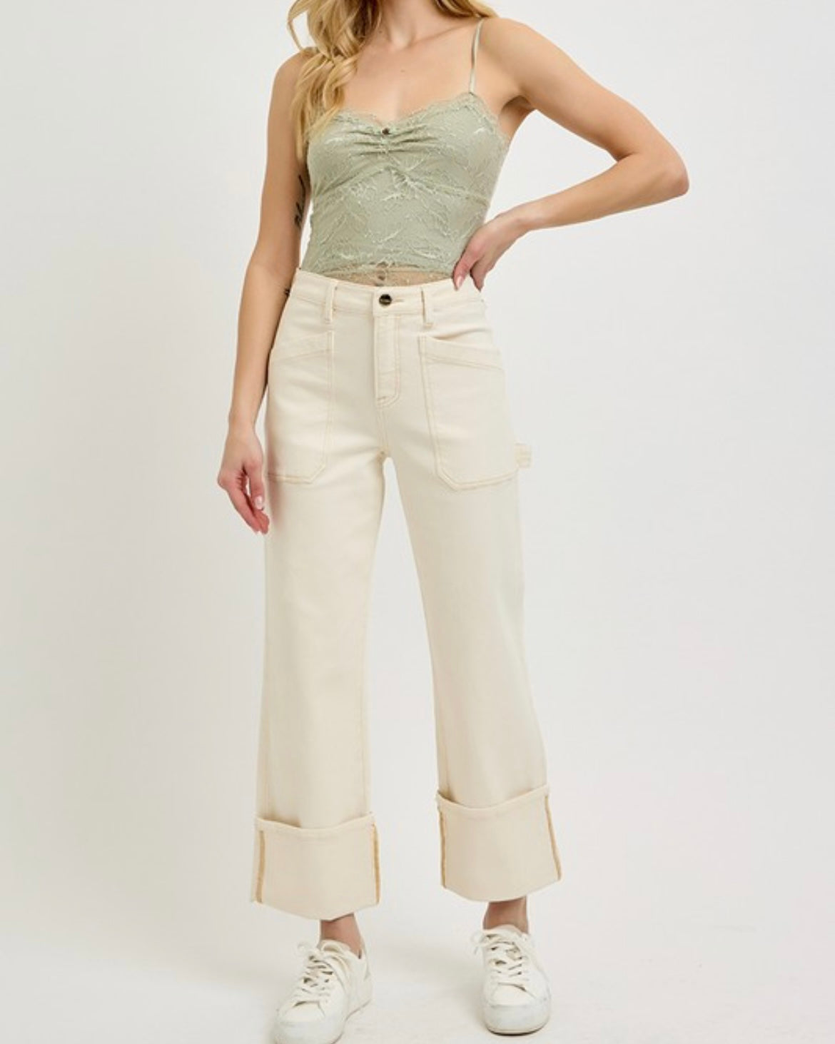 Ivory High Rise Wide Cuffed Denim
