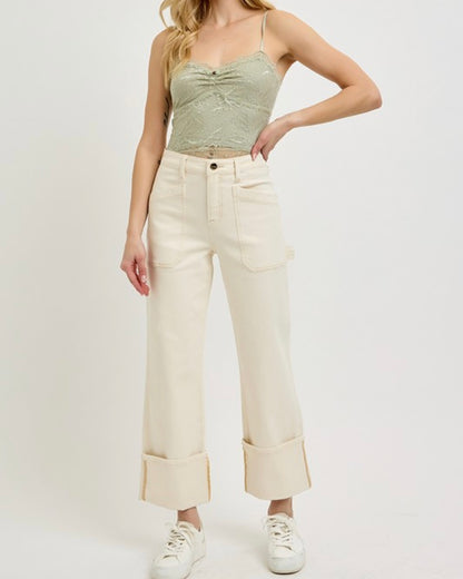 Ivory High Rise Wide Cuffed Denim