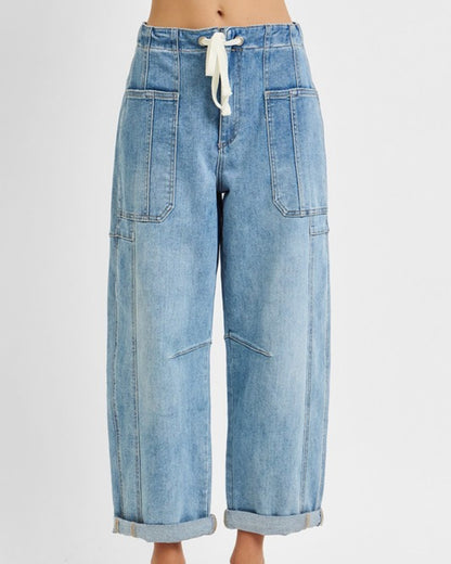 HR Crop Barrel Drawstring Cargo Denim