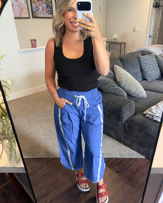 Striped Elastic Waist Cropped Drawstring Pants: Dark Blue
